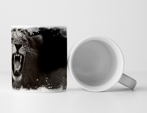 Paul Sinus Art Tasse Geschenk Tierfotografie – Brüllender afrikanischer Löwe schwarz weiß