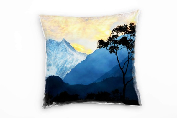 Paul Sinus Art Landschaft, Berge, Sonnenuntergang, orange, blau Deko Kissen 40x40cm für Couch Sofa Lounge Zierkisse