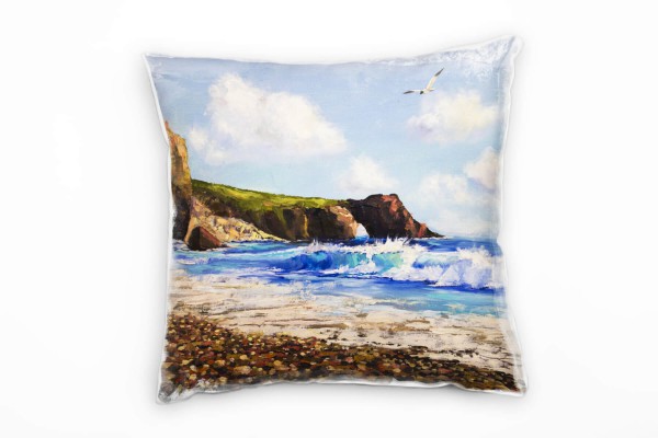 Paul Sinus Art Strand und Meer, blau, beige, Wellen, Möwe, gemalt Deko Kissen 40x40cm für Couch Sofa Lounge Zierkis