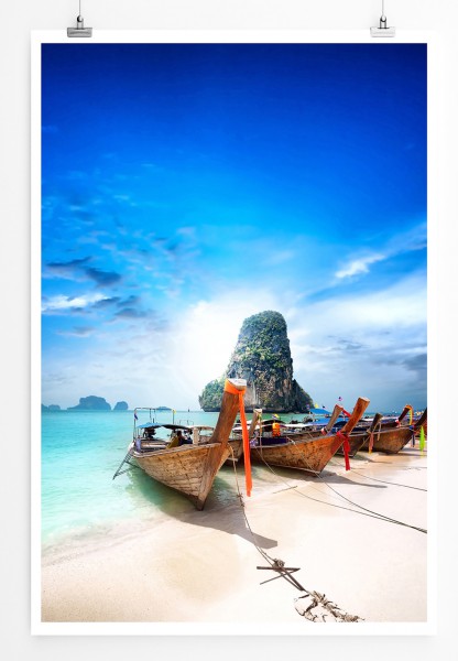 Paul Sinus Art 90x60cm Poster Paradiesischer Strand mit Booten Thailand