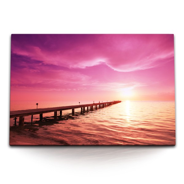 Paul Sinus Art 120x80cm Wandbild auf Leinwand Rosa Wolken Meer Horizont Holzsteg Sonnenuntergang