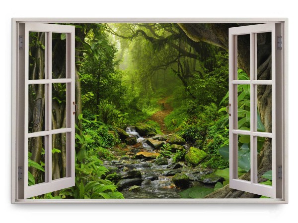 Paul Sinus Art Wandbild 120x80cm Fensterbild Wald Bach Grün Natur Fluss Bäume