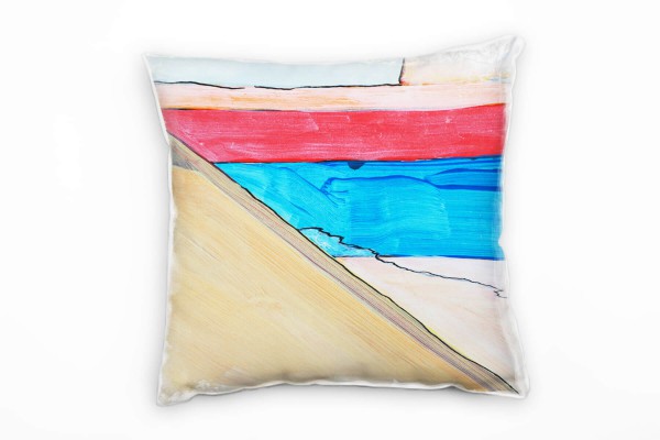 Paul Sinus Art Abstrakt, rot, beige, blau, gemalt Deko Kissen 40x40cm für Couch Sofa Lounge Zierkissen