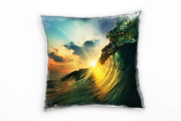 Paul Sinus Art Meer, grün, orange, Welle, Sonnenuntergang Deko Kissen 40x40cm für Couch Sofa Lounge Zierkissen