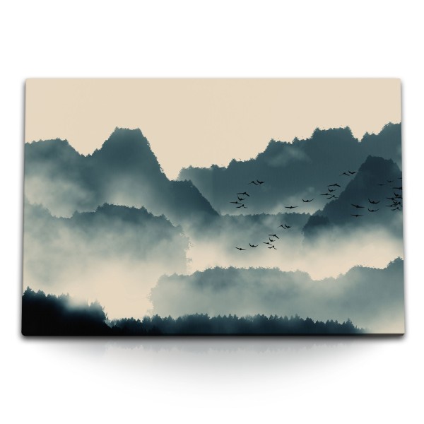 120x80cm Wandbild auf Leinwand China Berge Vögel Natur Nebel