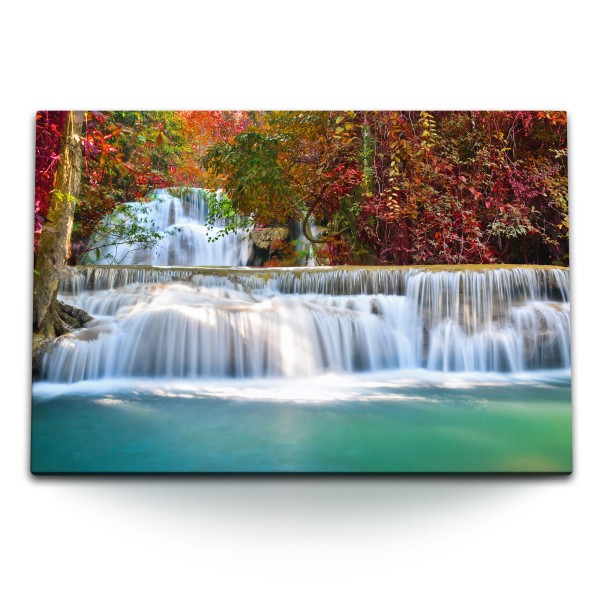 Paul Sinus Art 120x80cm Wandbild auf Leinwand Kaskade Wasserfälle Wald Natur Herbst Fluss