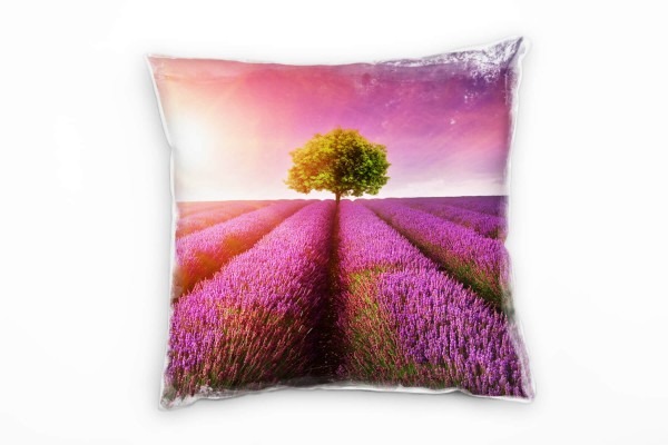 Paul Sinus Art Blumen, lila, rosa, Lavendelfeld, ein Baum, Sonne Deko Kissen 40x40cm für Couch Sofa Lounge Zierkiss