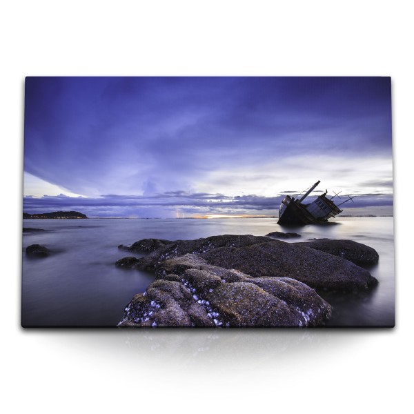 Paul Sinus Art 120x80cm Wandbild auf Leinwand Meer Ozean Schiffsfrack Felsen Horizont Abendrot