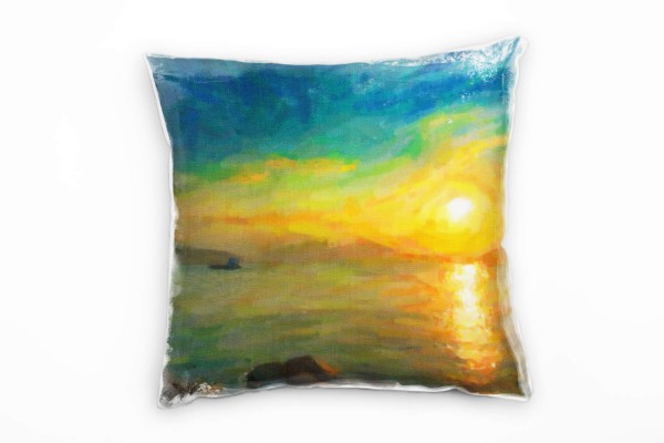 Paul Sinus Art Abstrakt, Meer, Sonnenuntergang, gemalt, orange, blau Deko Kissen 40x40cm für Couch Sofa Lounge Zier