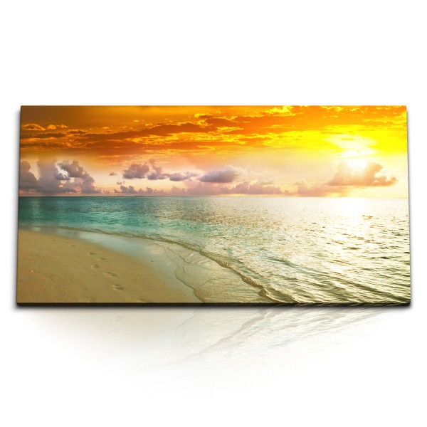 Paul Sinus Art Kunstdruck Bilder 120x60cm Meer Strand Sandstrand Sonnenuntergang roter Himmel