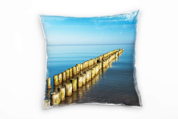 Paul Sinus Art Strand und Meer, Steg, braun, blau Deko Kissen 40x40cm für Couch Sofa Lounge Zierkissen