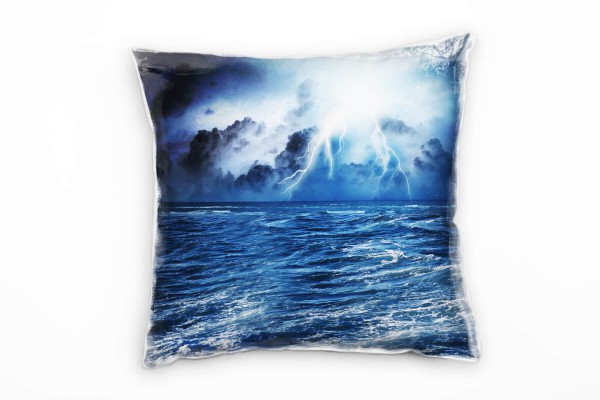 Paul Sinus Art Meer, blau, grau, Blitze, Unwetter, Wellen Deko Kissen 40x40cm für Couch Sofa Lounge Zierkissen