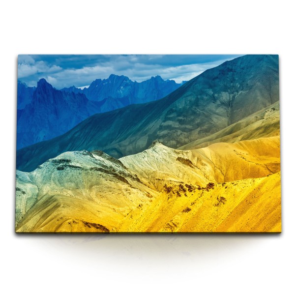 Paul Sinus Art 120x80cm Wandbild auf Leinwand Berge Gebirge Sonnenuntergang Blau Natur