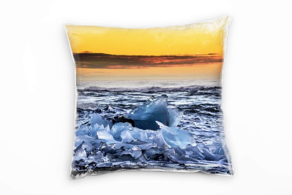 Paul Sinus Art Winter, Island, Eis, Sonnenuntergang, blau, orange Deko Kissen 40x40cm für Couch Sofa Lounge Zierkis