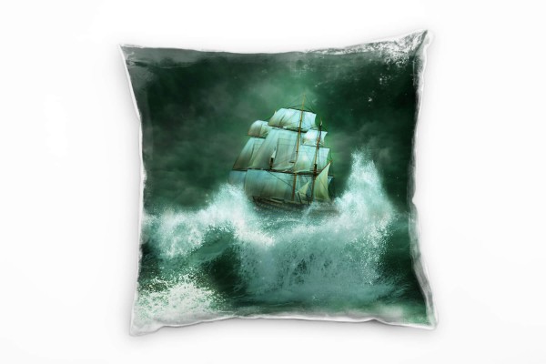 Paul Sinus Art Meer, grün, grau, weiß, Segelschiff auf großer Welle Deko Kissen 40x40cm für Couch Sofa Lounge Zierk