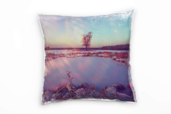 Paul Sinus Art Winter, See, Schnee, Sonnenschein, blau, orange Deko Kissen 40x40cm für Couch Sofa Lounge Zierkissen