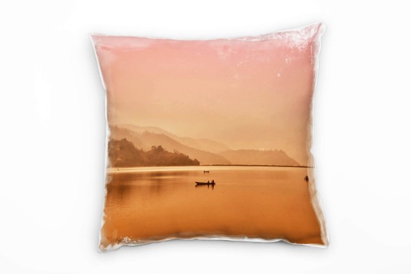 Paul Sinus Art Seen, Berge, Wasser, Boote, orange, pink Deko Kissen 40x40cm für Couch Sofa Lounge Zierkissen