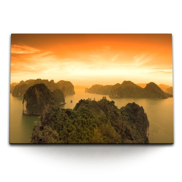 Paul Sinus Art 120x80cm Wandbild auf Leinwand Halong Bay Vietnam Sonnenuntergang Felsen Klippen