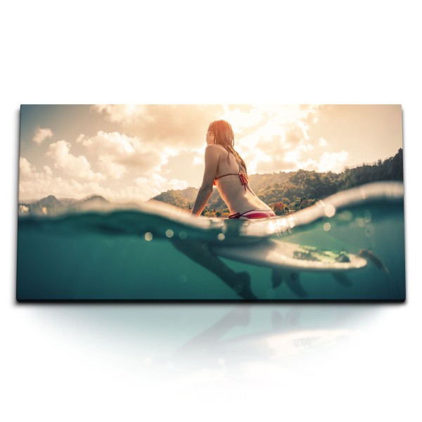 Paul Sinus Art Kunstdruck Bilder 120x60cm Surferin im Wasser Meer Surfbrett Berge Natur