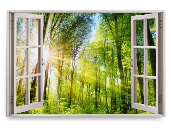 Paul Sinus Art Wandbild 120x80cm Fensterbild Grüner Wald Baumkronen Bäume Sonnenstrahl