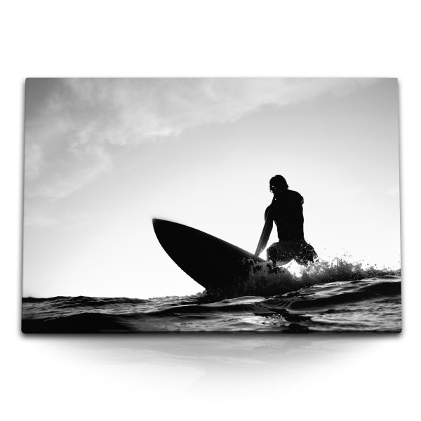 Paul Sinus Art 120x80cm Wandbild auf Leinwand Surfer Schwarz Weiß Wellen Ozean Wellenreiten