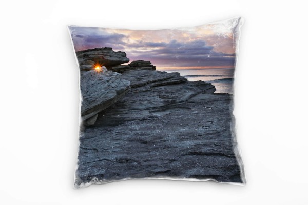 Paul Sinus Art Meer, grau, orange, Sonnenuntergang, Felsen Deko Kissen 40x40cm für Couch Sofa Lounge Zierkissen