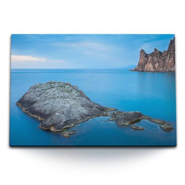 Paul Sinus Art 120x80cm Wandbild auf Leinwand Krim Felseninsel Meer Klippen Blau Horizont