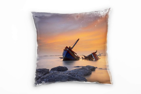 Paul Sinus Art Strand und Meer, Schiffsfrack, grau, orange Deko Kissen 40x40cm für Couch Sofa Lounge Zierkissen