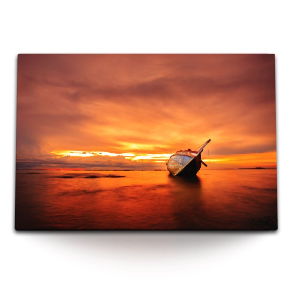 Paul Sinus Art 120x80cm Wandbild auf Leinwand Schiffsfrack Ebbe roter Himmel Meer Abendrot