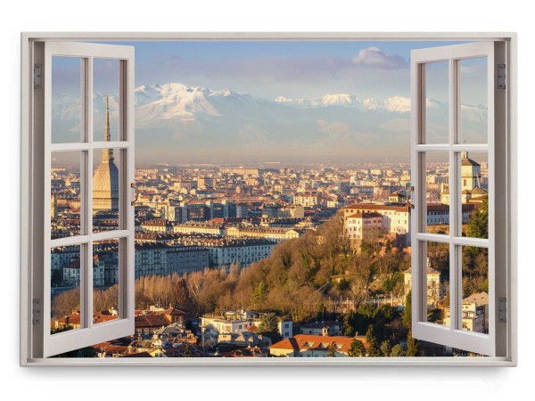 Wandbild 120x80cm Fensterbild Turin Italien Alpen Stadt Sonnenuntergang