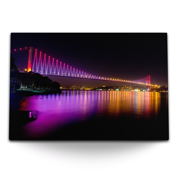 Paul Sinus Art 120x80cm Wandbild auf Leinwand Istanbul bei Nacht Bosporus Brücke Nacht