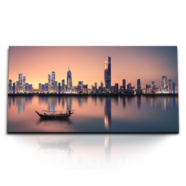 Paul Sinus Art Kunstdruck Bilder 120x60cm Kuwait Skyline Meer Abenddämmerung Boot Wolkenkratzer