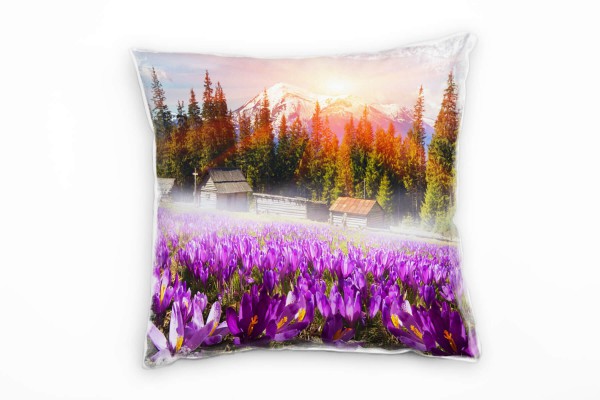 Paul Sinus Art Blumen, Krokusse, Sonnenaufgang, Wald, lila Deko Kissen 40x40cm für Couch Sofa Lounge Zierkissen