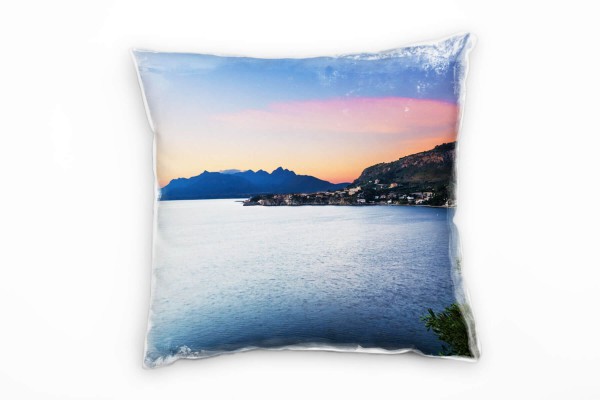 Paul Sinus Art Meer, blau, braun, Berge, Italien, Sonnenuntergang Deko Kissen 40x40cm für Couch Sofa Lounge Zierkis