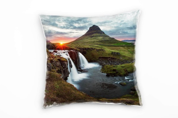 Paul Sinus Art Strand und Meer, Wasserfall, Felsen, Sonnenuntergang Deko Kissen 40x40cm für Couch Sofa Lounge Zierk