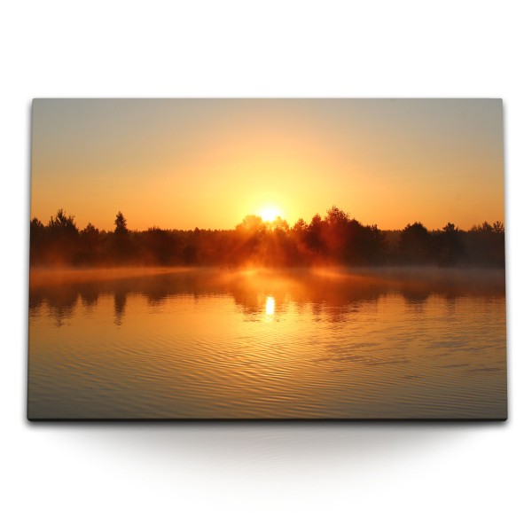 Paul Sinus Art 120x80cm Wandbild auf Leinwand See Natur Sonnenaufgang Morgenrot Morgentau Nebel