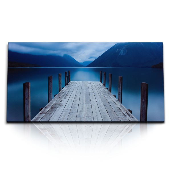 Paul Sinus Art Kunstdruck Bilder 120x60cm Holzsteg Steg Alpensee See Berge Blau