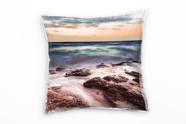 Paul Sinus Art Strand und Meer, Brandung, orange, blau Deko Kissen 40x40cm für Couch Sofa Lounge Zierkissen