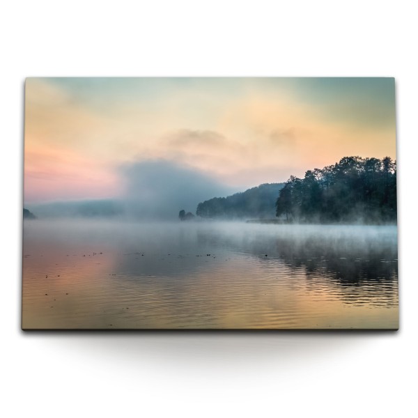 Paul Sinus Art 120x80cm Wandbild auf Leinwand Morgentau See Sonnenaufgang Nebel Natur