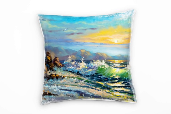 Paul Sinus Art Meer, blau, orange, Brandung, Sonnenuntergang, gemalt Deko Kissen 40x40cm für Couch Sofa Lounge Zier