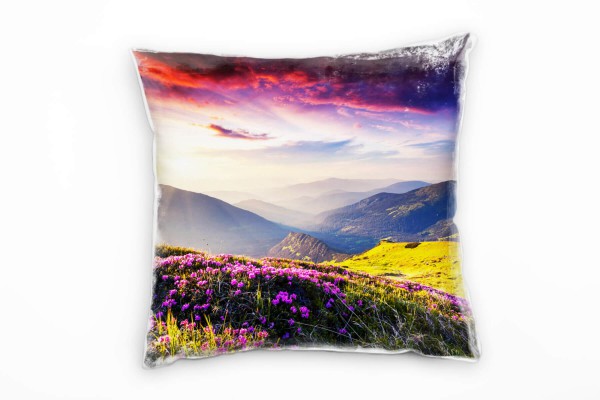 Paul Sinus Art Landschaft, grün, lila, rot, Blumen, Berge, Sommer Deko Kissen 40x40cm für Couch Sofa Lounge Zierkis