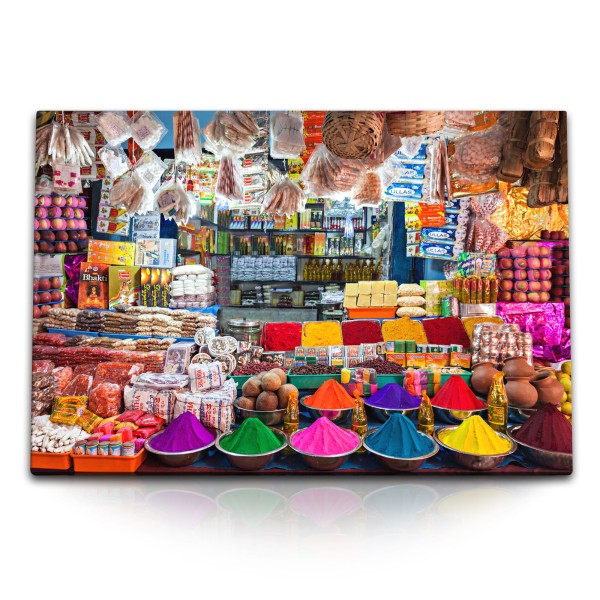 Paul Sinus Art 120x80cm Wandbild auf Leinwand Bunter Laden Basar Markt Farbenfroh Indien