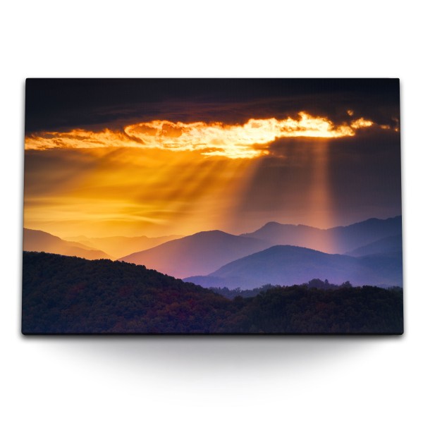 Paul Sinus Art 120x80cm Wandbild auf Leinwand Dunkler Himmel Sonnenstrahl Berg Landschaft Natur