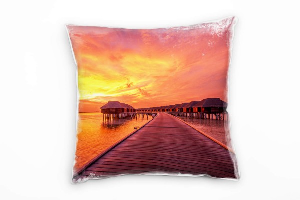 Paul Sinus Art Meer, Sonnenuntergang, Häuschen, orange, gelb Deko Kissen 40x40cm für Couch Sofa Lounge Zierkissen