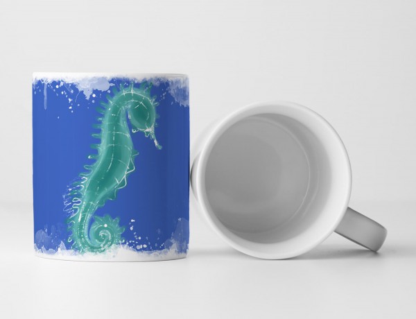 Paul Sinus Art Tasse Geschenk Tierfotografie – Grünes Seepferdchen auf blauem Hintergrund