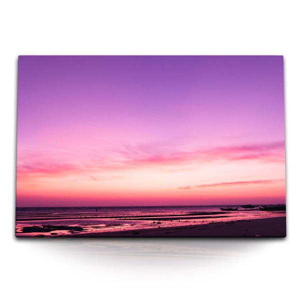 Paul Sinus Art 120x80cm Wandbild auf Leinwand Rosa Himmel Natur Meer Horizont Sonnenuntergang Strand