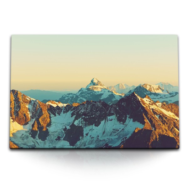 Paul Sinus Art 120x80cm Wandbild auf Leinwand Sonnenuntergang Berge Berggipfel Schneegipfel Schnee