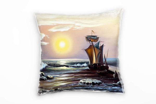 Paul Sinus Art Meer, gelb, blau, Segelboot, Wellen, gemalt, Sonnenaufgang Deko Kissen 40x40cm für Couch Sofa Lounge