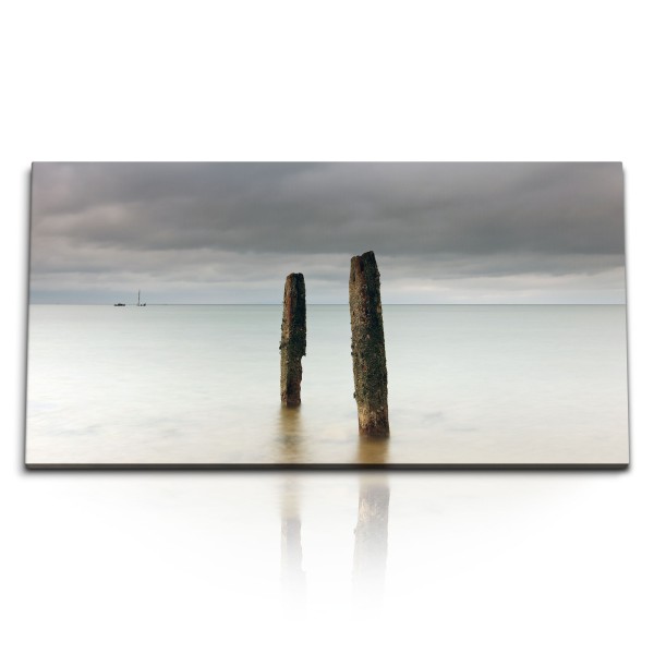 Paul Sinus Art Kunstdruck Bilder 120x60cm Horizont Meer grauer Himmel Holzstämme Strand