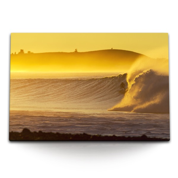 Paul Sinus Art 120x80cm Wandbild auf Leinwand Wellenreiten Surfen Surfer große Welle Sonnenuntergang